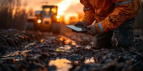Engineer Inspecting Pipeline Installation in Trench with Tablet