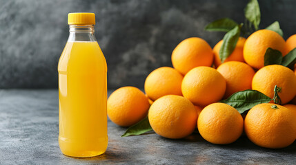 Fresh Orange Juice in Bottle with Juicy Oranges on Gray Background