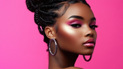 Studio shot of an African female model with braided bantu knots adorned with metallic beads, her glowing skin enhanced by bold makeup, standing against a vibrant pink backdrop