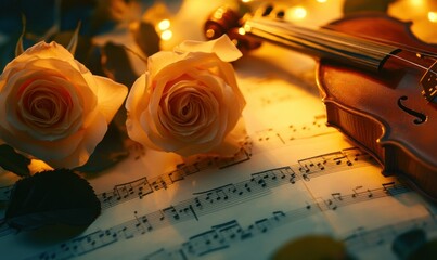 Close-up of roses and a violin on music sheets