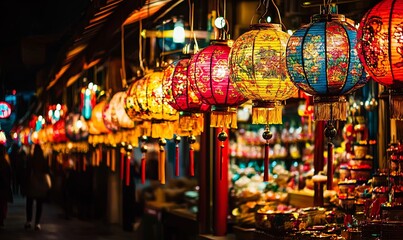 Naklejka premium Colorful lanterns illuminate night market stall, creating vibrant cultural scene