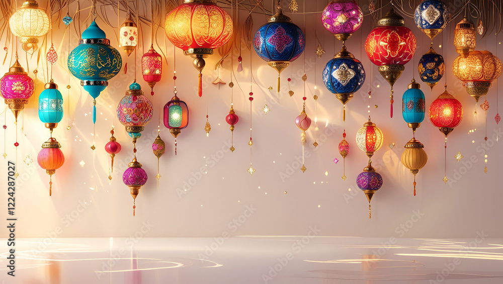 Wall mural a copy space background themed Eid Al-Fitr with hanging lantern Ai Generative