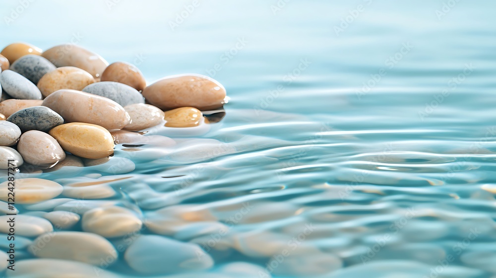 Wall mural tranquil shoreline with smooth pebbles and gentle rippling water under soft natural light rest rejuv