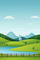 Serene Green Landscape with Wooden Fence and Windmill Under Blue Sky