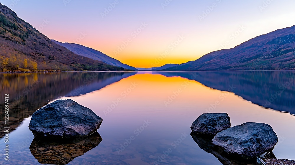 Wall mural serene sunset over calm lake surrounded by mountains and rocks in tranquil nature setting rest rejuv