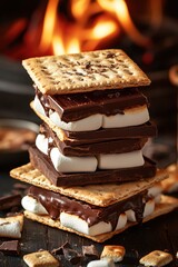 Fototapeta premium Stacked s mores with melted chocolate and toasted marshmallow against a warm fire backdrop