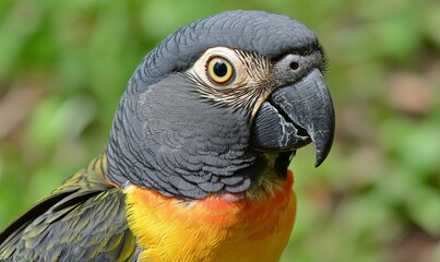 Obraz premium Colorful parrot portrait with blurred green foliage background, ideal for nature or wildlife projects