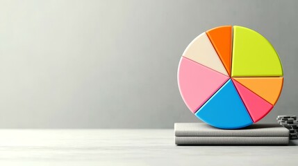 Fototapeta premium Marketing and Icon concept. Colorful pie chart on a stack of notebooks against a neutral background.