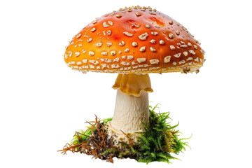 A vibrant orange mushroom with white spots growing on soft moss in a serene forest setting during daylight hours isolated on transparent background