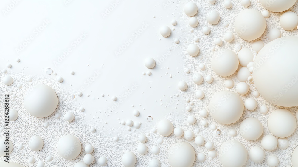 Poster abstract composition with various sized white spheres on a smooth surface, creating a minimalist and