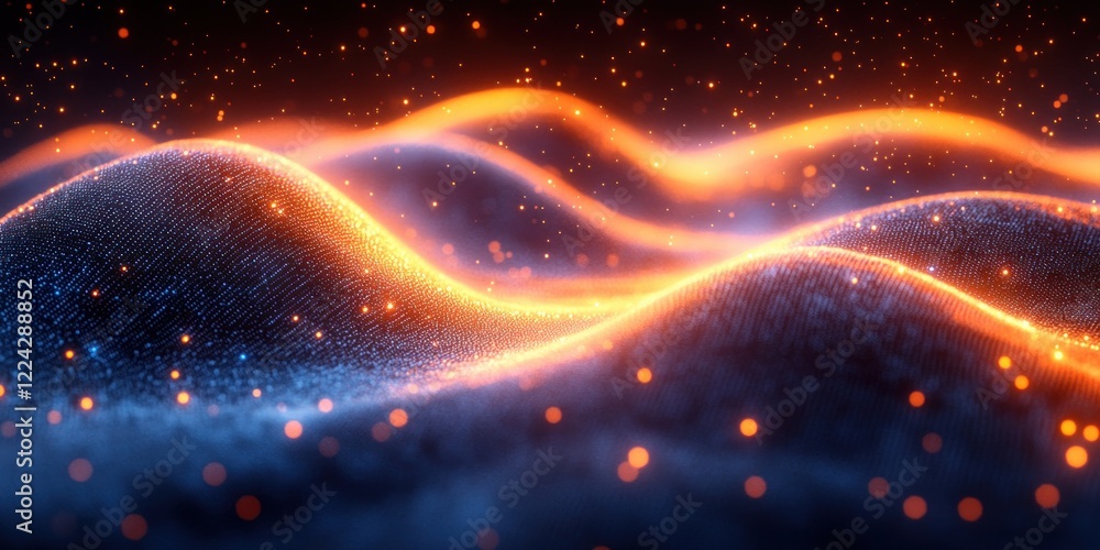 Poster futuristic abstract design of flowing binary code with glowing fiber optic lights in blue and orange