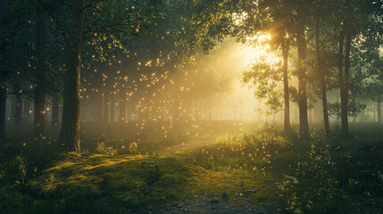 Obraz premium A misty forest clearing at sunrise, with golden sunlight streaming through the trees, soft moss-covered ground, and faint glowing fireflies hovering in the air.