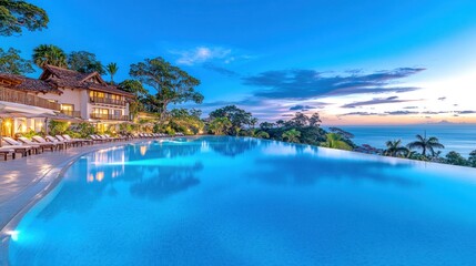 Obraz premium Exotic Hotel Resort: Panoramic View of Azure Sea, Tropical Gardens & Infinity Pool on Sunny Summer Day - Breathtaking!