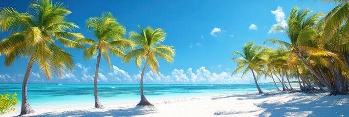 Fototapeta premium Tropical Beach Scene with Swaying Palm Trees and Crystal Clear Water
