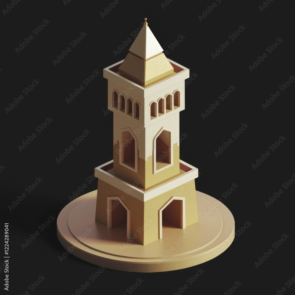 Poster a lowpoly 3d rendering of a stylized tower with intricate details.