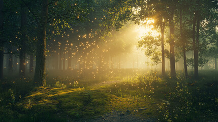 Obraz premium A misty forest clearing at sunrise, with golden sunlight streaming through the trees, soft moss-covered ground, and faint glowing fireflies hovering in the air.