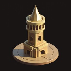 Obraz premium A lowpoly 3D model of a tower with a pointed roof, arches, and windows.