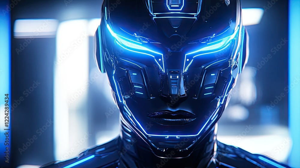 Aufkleber futuristic cybernetic face with glowing elements in high-tech setting