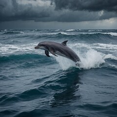 Fototapeta premium A dolphin jumping through the surface of a stormy ocean with dramatic waves.