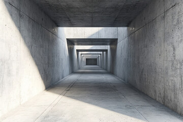 A modern concrete corridor with geometric shapes and shadows, creating a sense of depth and perspective
