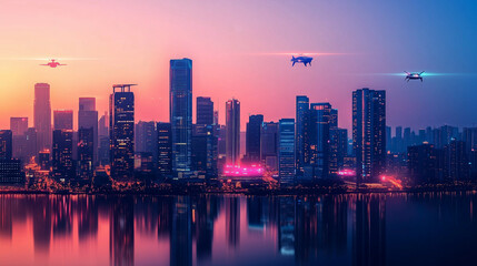 Fototapeta premium A sci-fi-inspired city skyline with glowing neon lights, flying vehicles, and towering skyscrapers reflecting the warm hues of the setting sun. Space for text in the lower foreground