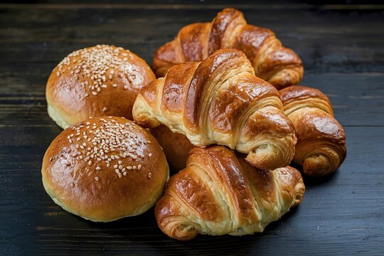 a fresh croissant and a few buns isolated on a dark wooden background