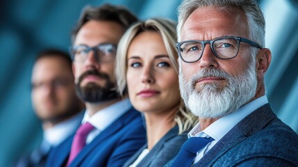 Fototapeta premium Confident senior executive leading a diverse business team standing in a modern corporate office.