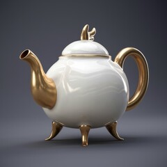 A white teapot with gold accents and four legs.