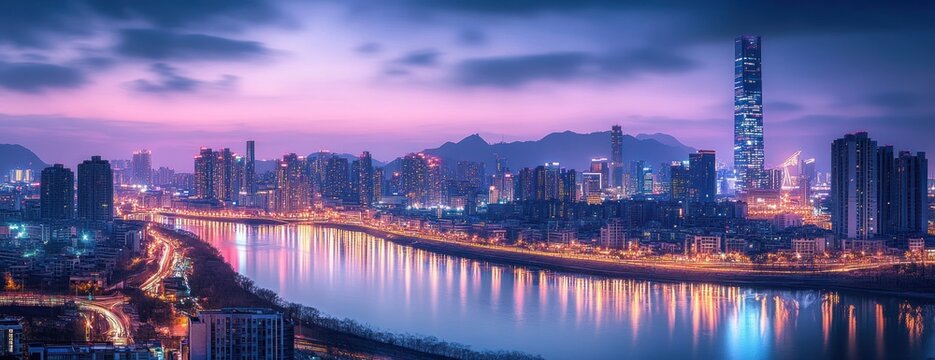Seoul Night Skyline Panorama with Lotte World Tower and River Reflections