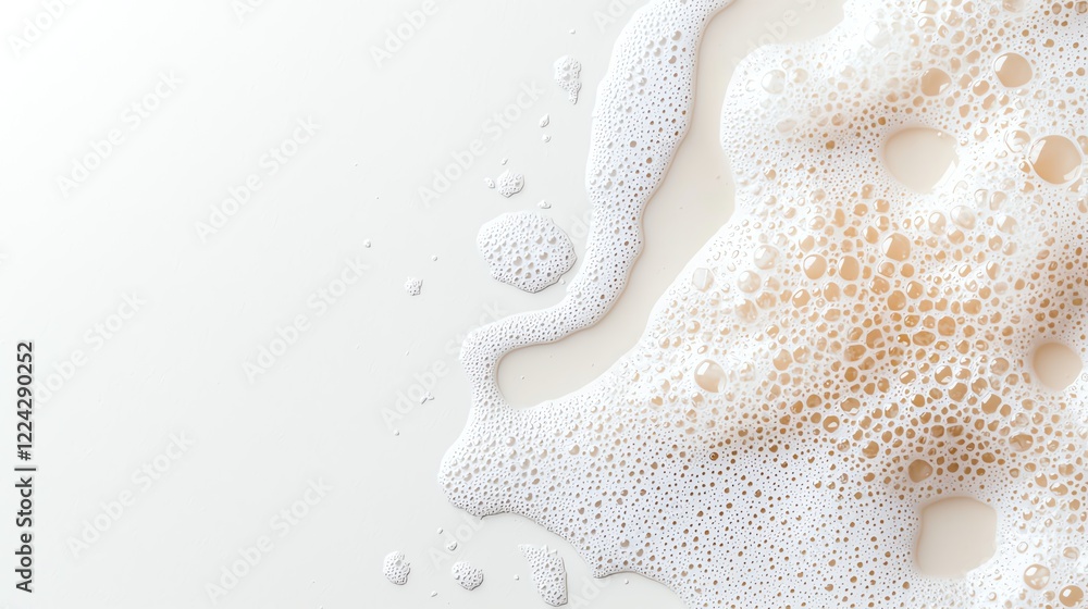 Poster close-up of frothy beverage bubbles, creating a vibrant and refreshing texture on a smooth white sur