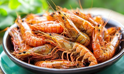 Cooked shrimp in a bowl, outdoor setting, blurred green background, ideal for food blogs or menus