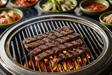Korean BBQ restaurant featuring marinated beef grilling over an open flame, with aromatic smoke and a variety of dipping sauces nearby