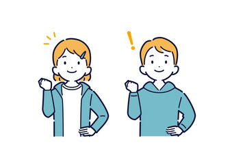 やる気いっぱいの元気な男の子と女の子のイラストセット