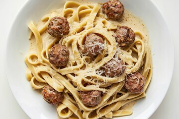 a plate with fettuccine noodles in a creamy sauce and meatballs