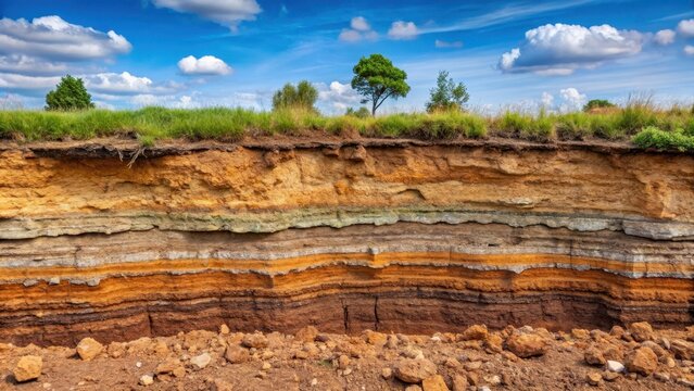 Deep earth soil layer cutaway revealing layers of sedimentary rock and ancient fossils