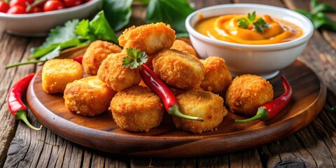 Fototapeta premium Fried Chili Cheese Nuggets in Spicy Sauce, cheesy food, golden brown, cheesy food