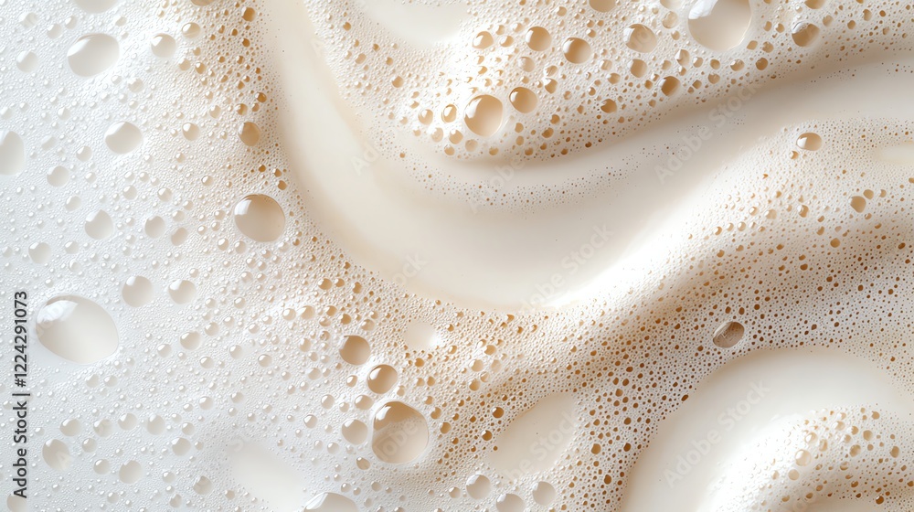Poster close-up of frothy, creamy texture with bubbles, creating a smooth, wavy pattern in a fresh beverage