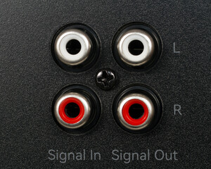 RCA connectors for connecting audio devices. Close-up sockets.