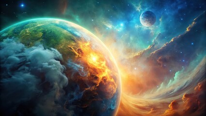 Swirling clouds of blue and green gases enveloping a glowing orange planet , swirling, planet