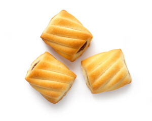 Three small shortbread cookies with filling on a white background. Cookies with jam filling.