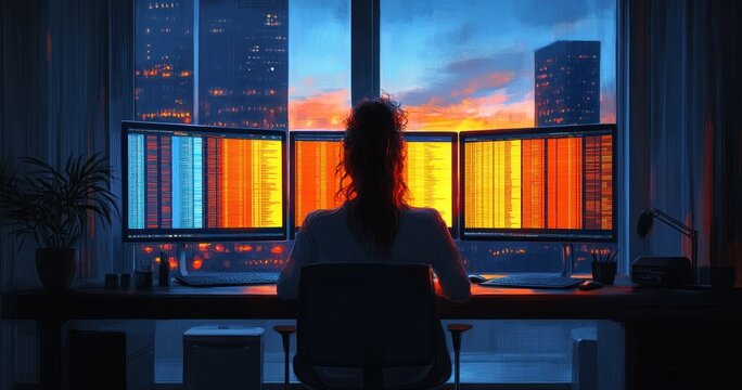 Medical Billing and Coding in a Modern Office with Female Analyst Working on Dual Monitors