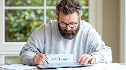 Man analyzing data on tablet at home office.  Financial planning, work from home