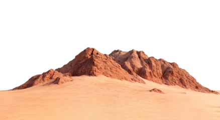 Panoramic view of red sand dunes and rocky mountains in a desert landscape.
