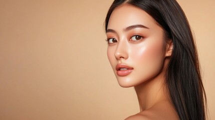 Fototapeta premium In a serene setting with a warm neutral backdrop, the Asian model exudes confidence and grace. Her long straight hair frames her face, highlighting her stunning features and radiant skin
