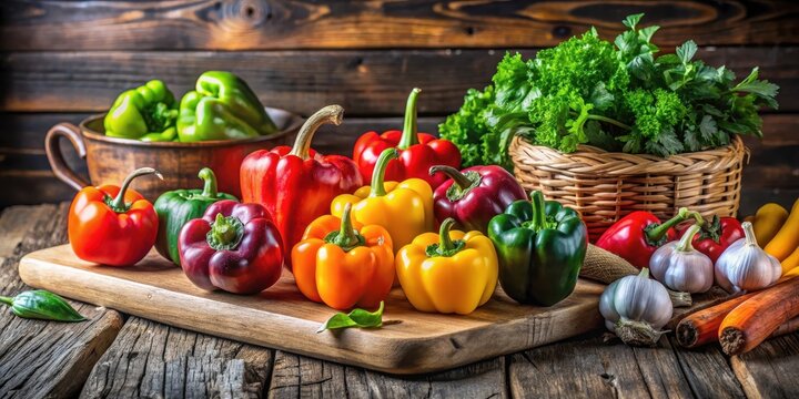 Colorful array of fresh vegetables including bell peppers arranged artfully on a wooden cutting board in a rustic kitchen setting, healthy eating, colorful vegetables - Powered by Adobe