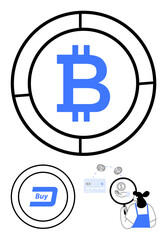 Bitcoin symbol centered in segmented circle, Dash Buy button, person in blue apron staring at currency screen, credit card. Ideal for cryptocurrency, digital finance, investment, blockchain