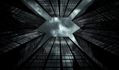 Dark, dramatic low angle view of skyscrapers against cloudy sky, ideal for urban themes