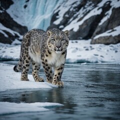 A snow leopard walking alongside an icy river in a frozen valley.