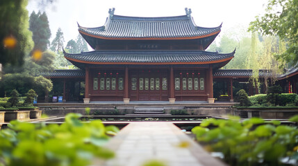 Fototapeta premium Traditional Chinese Temple Surrounded by Lush Greenery Reflecting on Calm Water Surface : Generative AI