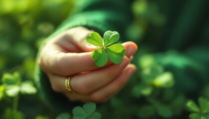 Hand holding four-leaf clover in a green sweater for good luck